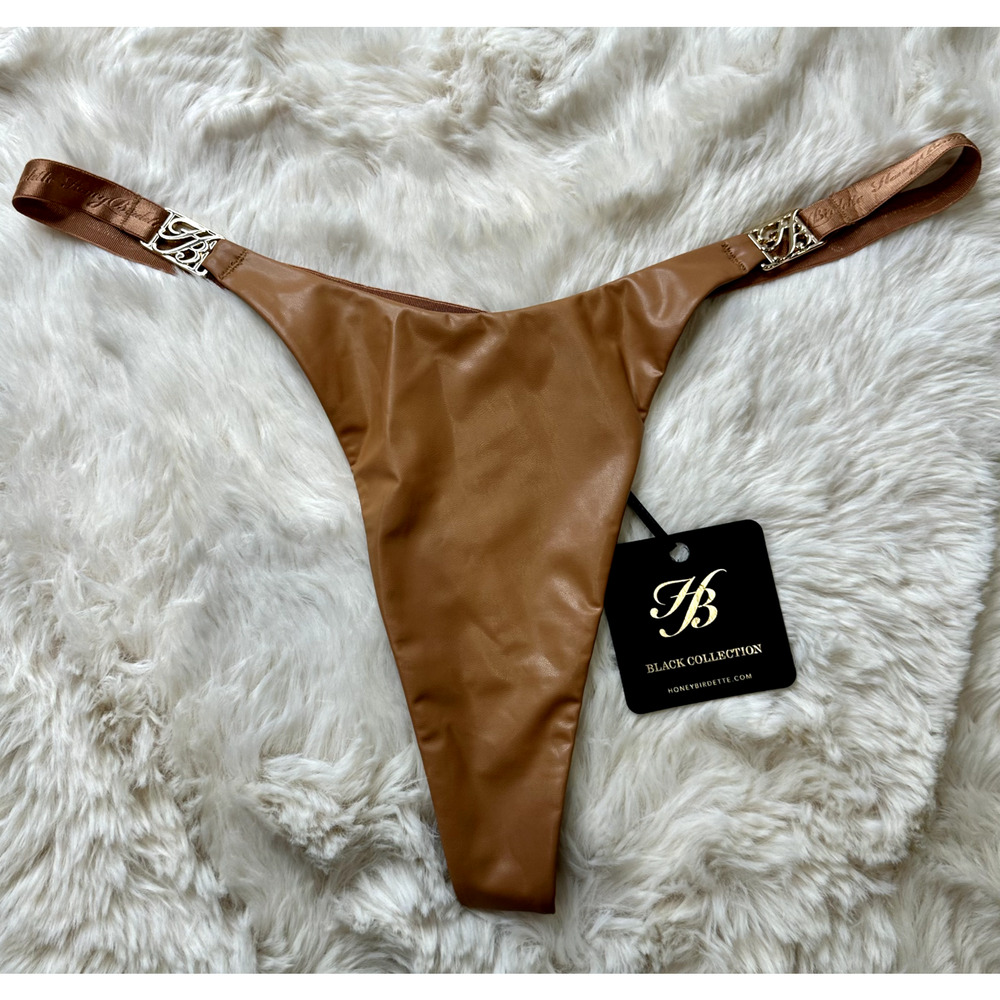 Honey Birdette EMILY🤎 Faux Leather Toffee Thong Medium - Picture 2 of 3